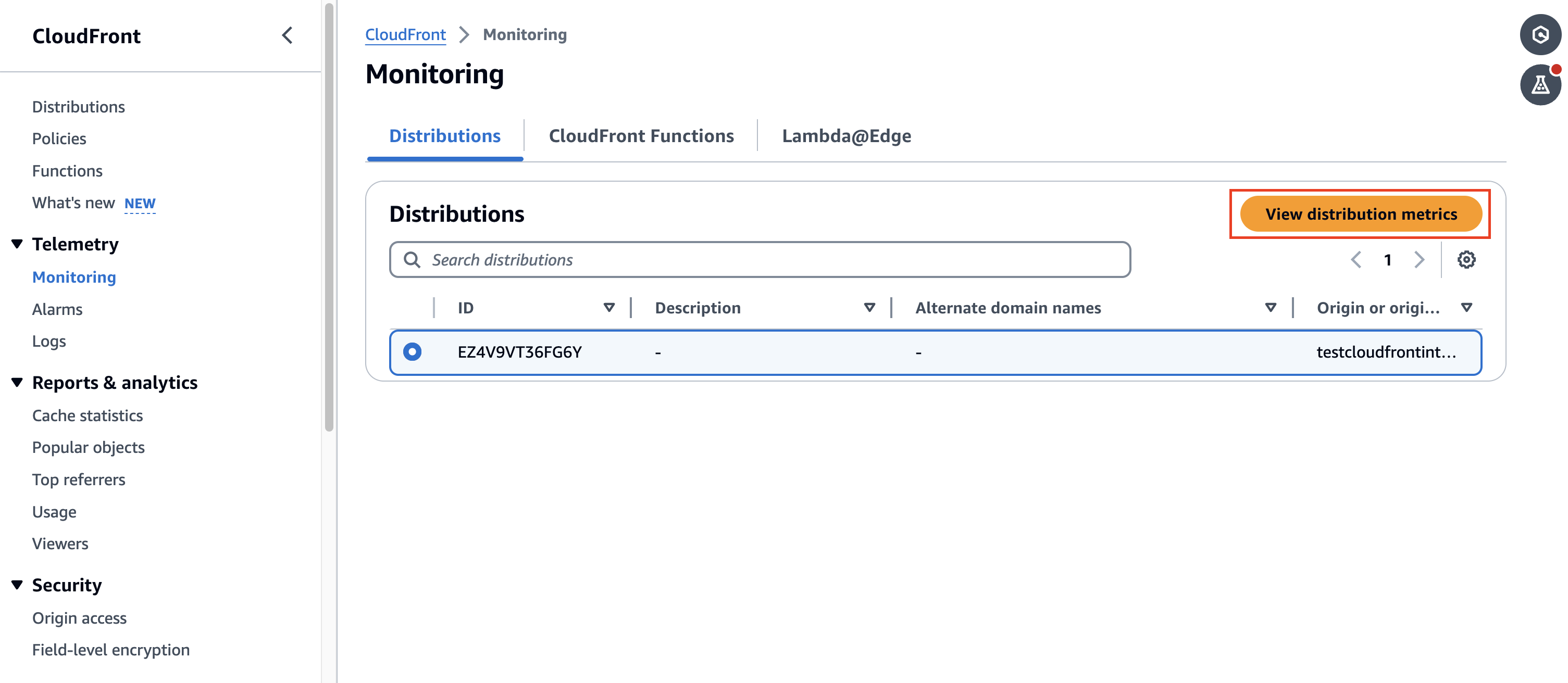 Screenshot of the CloudFront console Monitoring page.